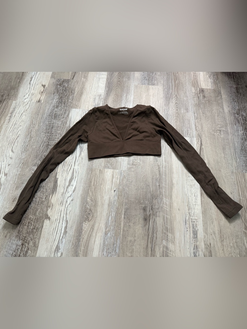 Garage Brown Ribbed V-Neck Long Sleeve Cropped Top